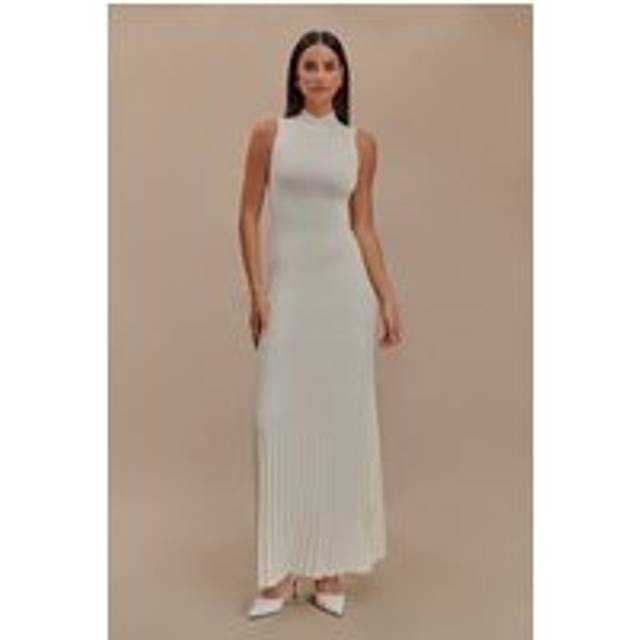 Mavis High Neck Pleated Maxi Dress - Ivory - XL