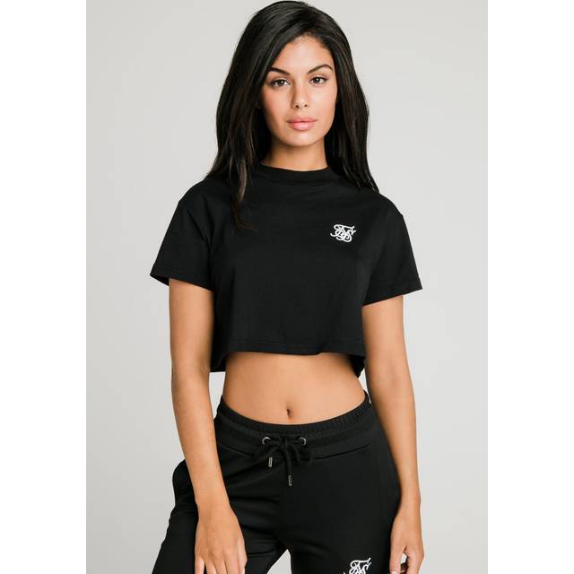 SikSilk Womens Essentials Retro Box-Fit Cropped T-Shirt in Black Cotton - Size 6 UK