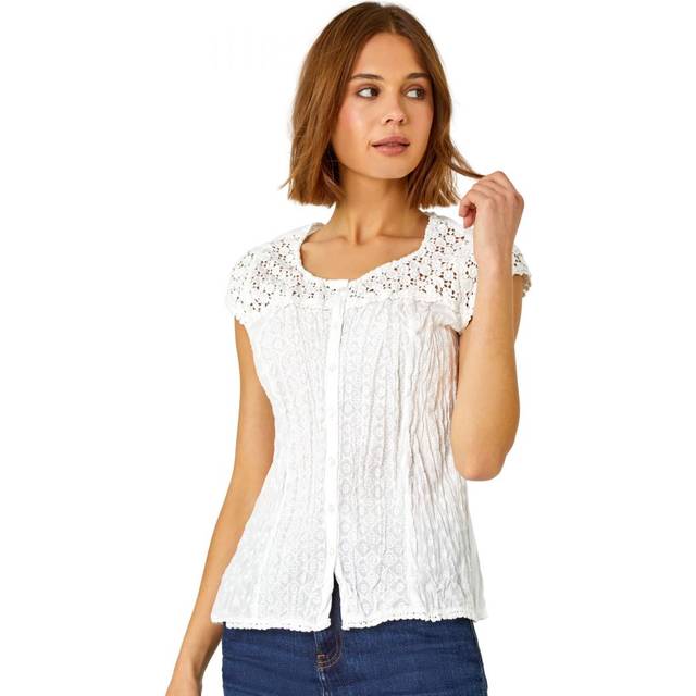 Lace Embroidered Crinkle Blouse Broderie Anglaise Cotton Top - White - Size 8 - Roman