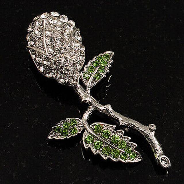 Vintage crystal rose brooch (silver&clear&green)