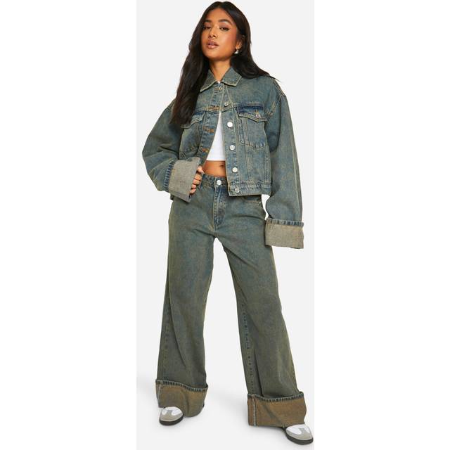 Womens Petite Vintage Wash Turn Up Cuff Wide Leg Jean - Blue - 16, Blue