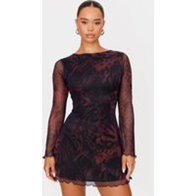 Burgundy Mesh Long Sleeve Tie Back Shift Dress, Red - 4