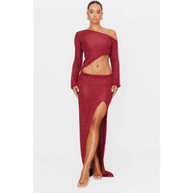 Wine Sequin Knit Side Split Maxi Skirt, Red