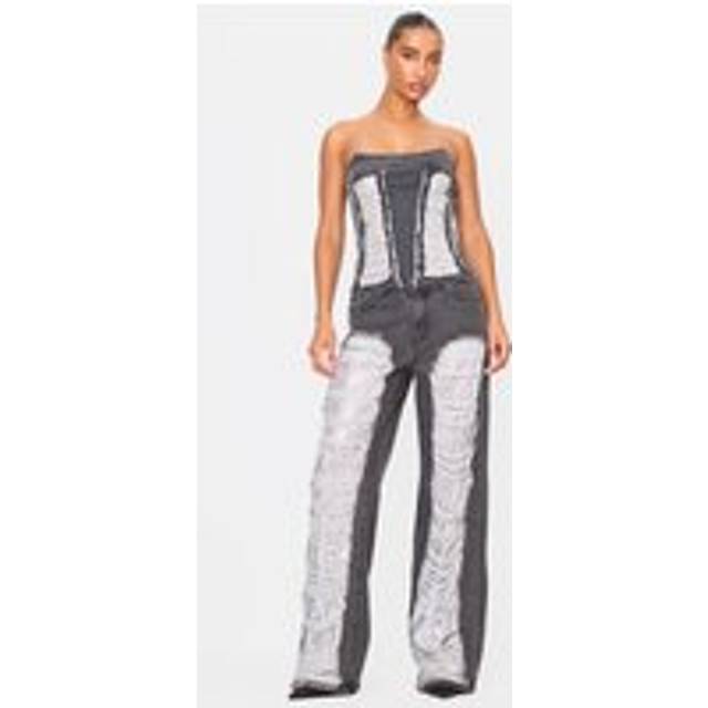 Washed Black Extreme Distressed Sequin Panel Straight Leg Jeans, Washed Black - 12