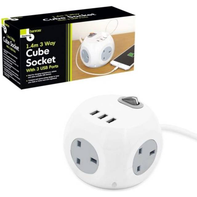 Benross 3 Way 1.4m Cube Socket With 3 USB Ports