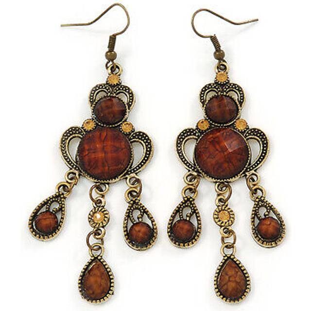 Victorian Style Brown Acrylic Bead Chandelier Earrings In Antique Gold Tone - 80mm L