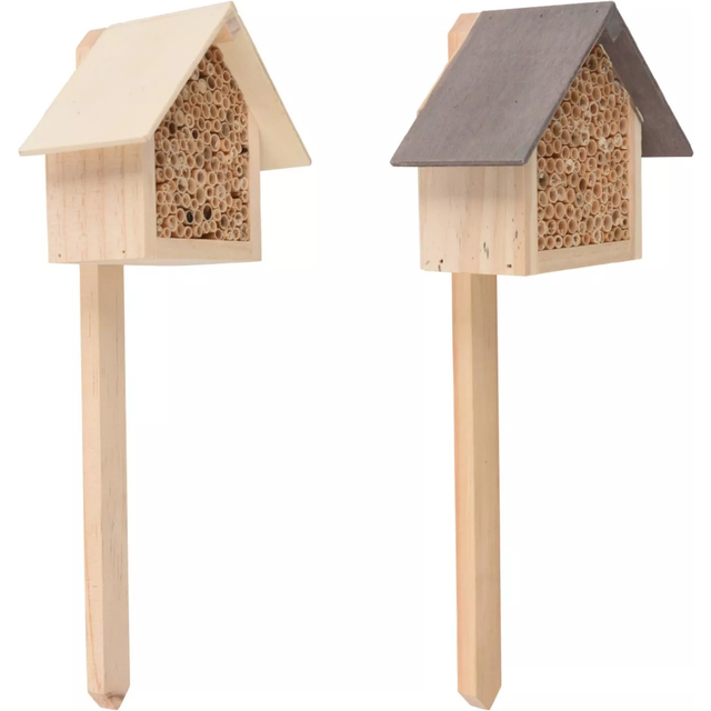 (Grey & Green) Wooden Insect Bee House Small Bug Hotel Shelter Garden Nest Box On Stick 2x