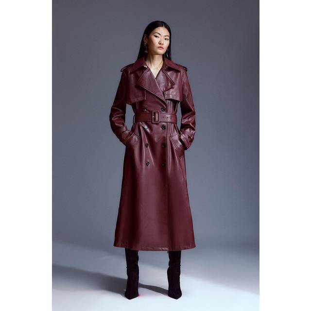 Karen Millen Women's Tailored Faux Leather Belted Trench Coat in Oxblood | Size: 6