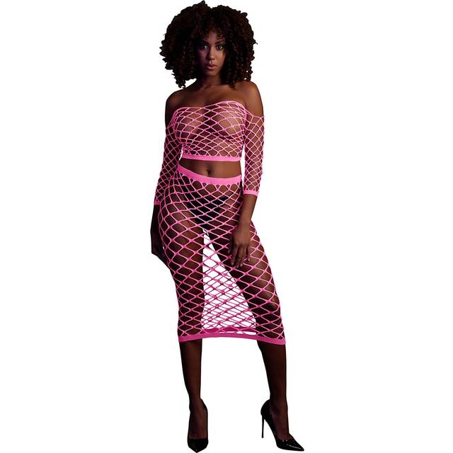 Long Sleeve Crop Top and Long Skirt - Plus Size - Neon Pink