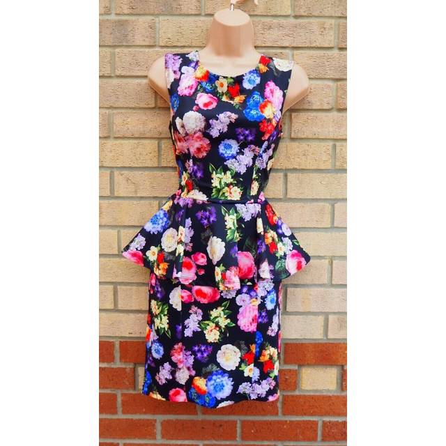 Topshop black multi colour floral ruffle peplum party bodycon dress 10 s