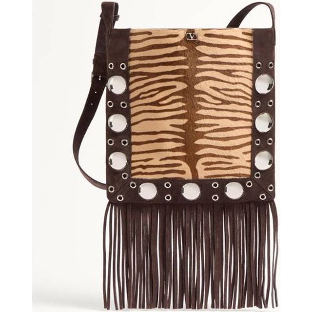 Valentino Garavani Valentino Garavani Nellcôte Shoulder Bag In Animalier Pony Effect Calfskin With Fringes Woman BEIGE/TESTA DI MORO UNI
