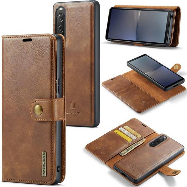 DG.MING Sony Xperia 10 V PlÃ¥nboksfodral Ãkta LÃ¤der 2in1 - Brun