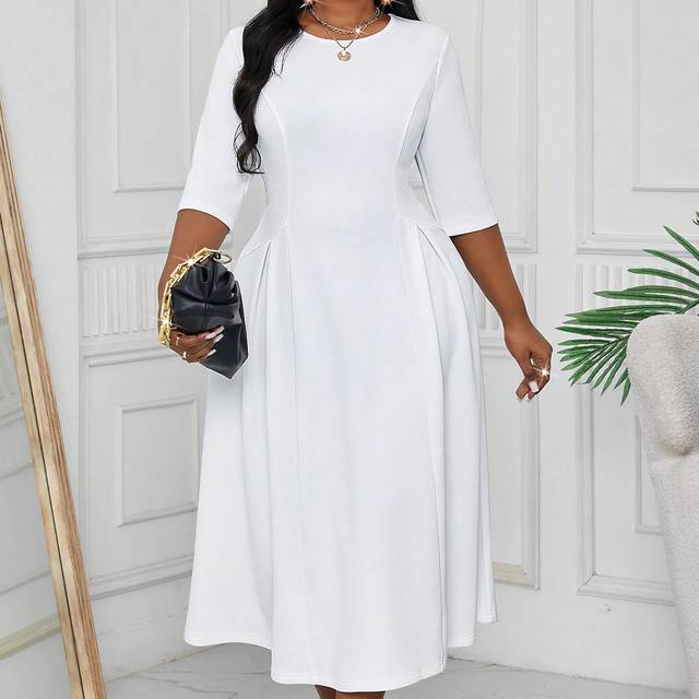 Fleurora Plus Size Women&#39;s Elegant Autumn And Winter Elegant White Knitted Round Neck Flowy Long Sleeve Plus Size Dresses Masquerade Ball Dress White Long Slee