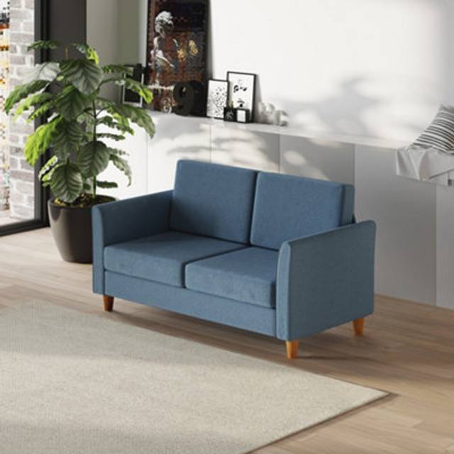 HOMCOM 2 Seater Sofa Compact Loveseat Couch Living Room Furniture with Wood Legs Armrest Blue