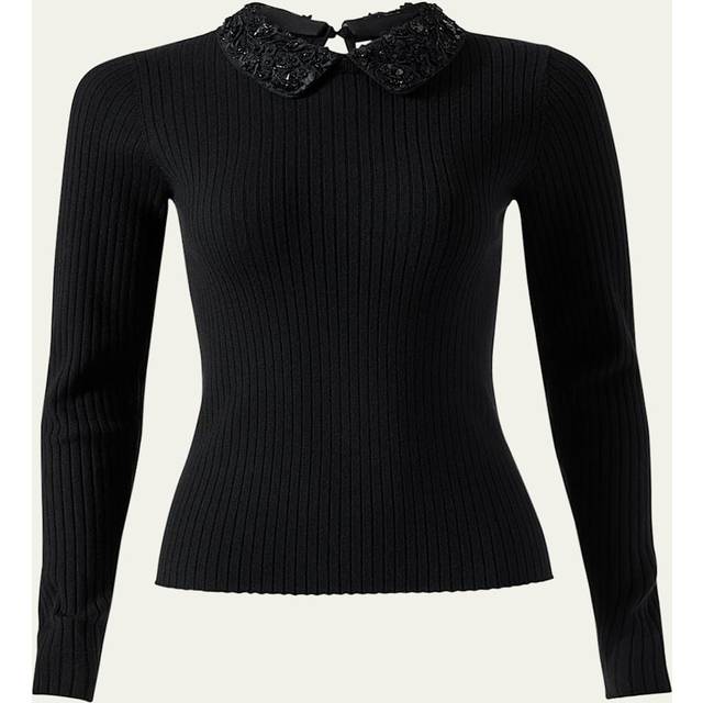 Removable Lace Collar Long-Sleeve Rib Sweater - BLACK - Medium