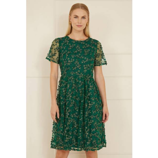 Yumi Green Embroidered Floral Skater Dress - Size 18 UK - Yumi