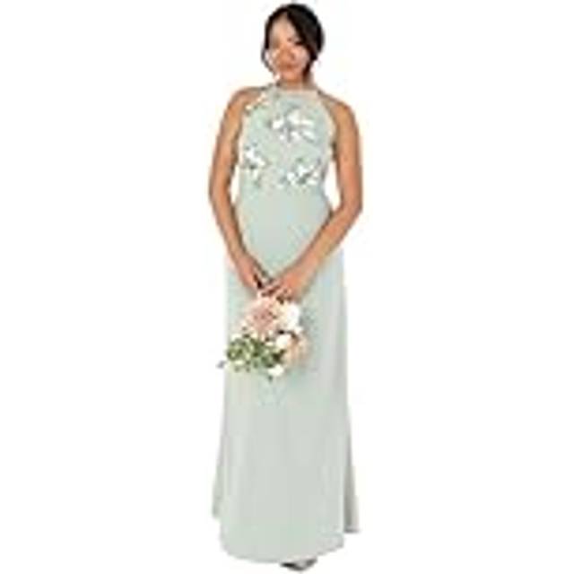 Maya Deluxe Floral Embellished Halter Neck Chiffon Maxi Dress, Green