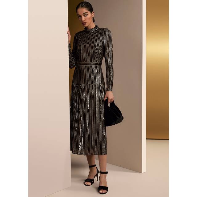 Phase Eight Gloria Sequin Stripe Drop Waist Midi Dress, Black/Gold