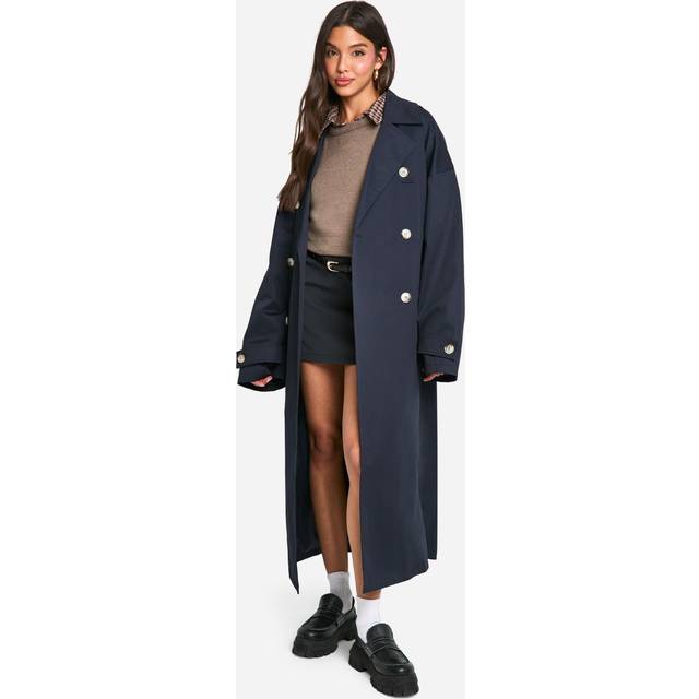 Womens Oversized Double Breast Belted Cinched Back Trench Coat - Navy - 10