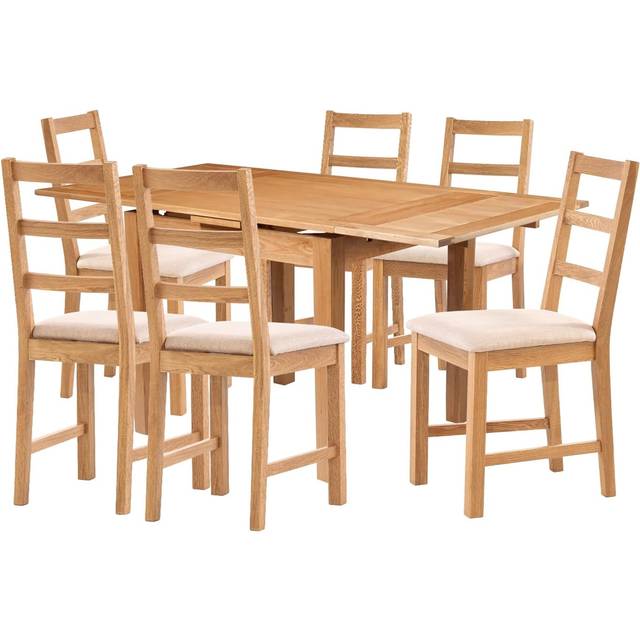 Hallowood Furniture - Waverly Extending Dining Table and Chairs Set 6, Light Oak Extendable Table and Ladder Back Oak Chairs with Beige Fabric Seat,