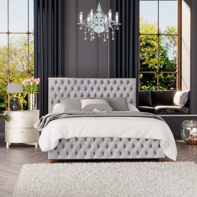 Seren Ottoman Storage Bed in Mirazzi Velvet Fabric, Custom Made - Silver - King