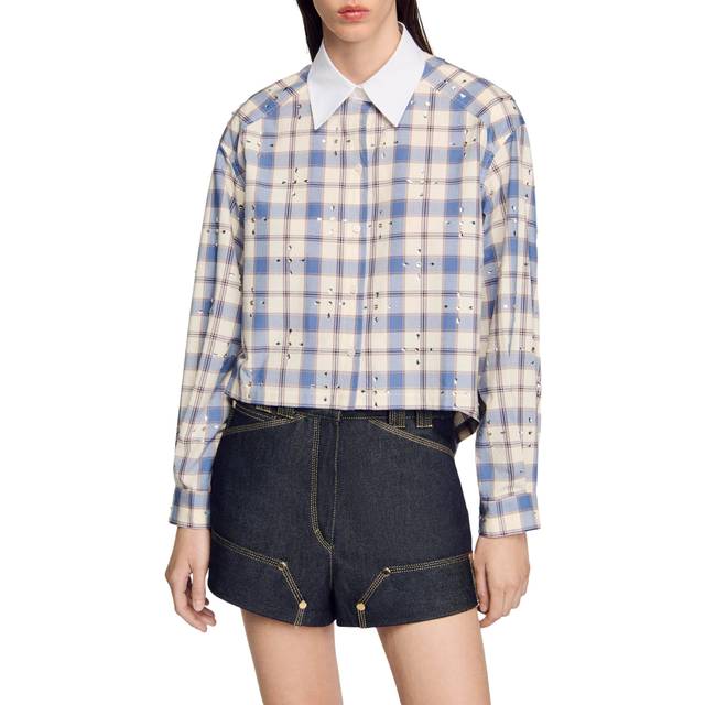Sandro Womens Bleus Rhinestone-embellished Checked Cotton Shirt 8