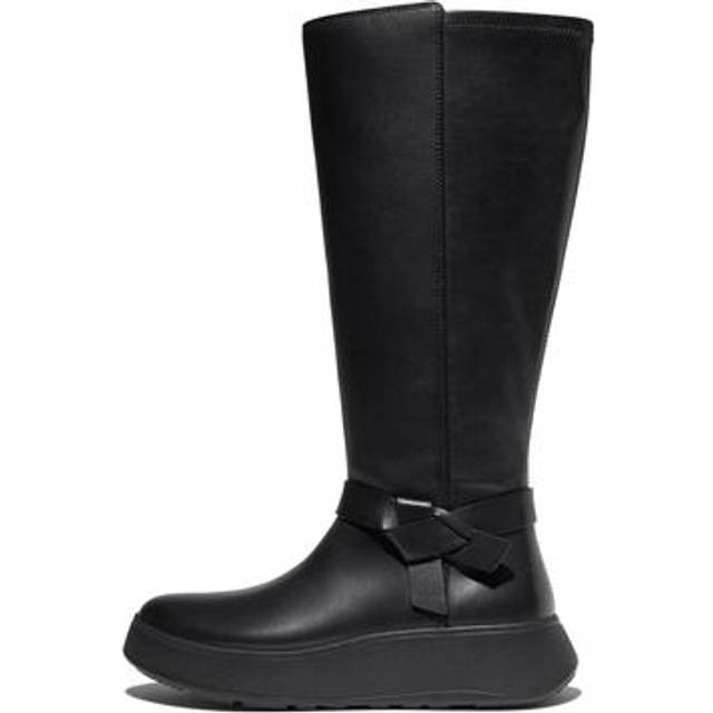 FitFlop Leather Blend F-Mode Folded-Knot Flatform Tall Stretch Boots, Black