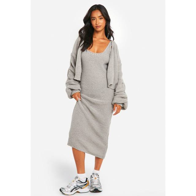 Womens Petite Chunky Knit Dress And Cardigan Co Ord - Grey - XS