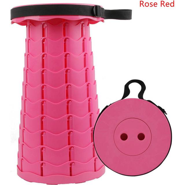 (Rose Red) Retractable Portable Folding Stool Chair Outdoor Camping Fishing Plastic