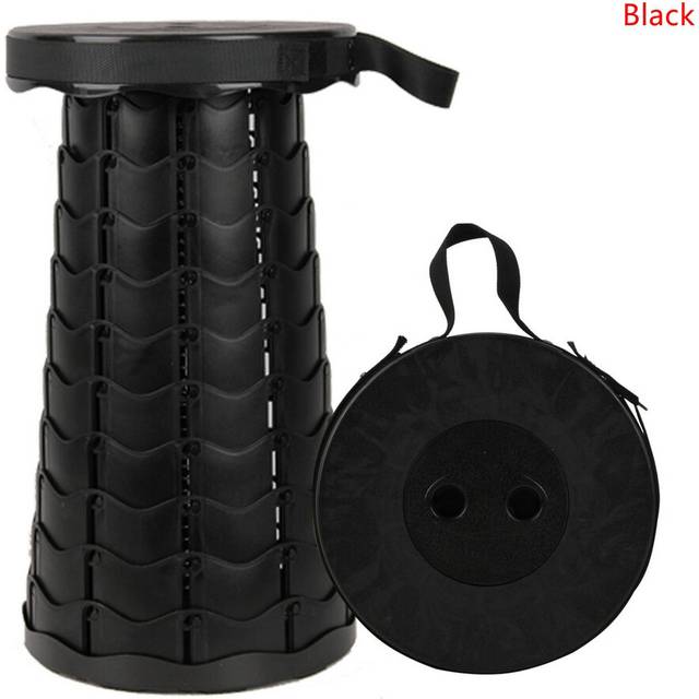 (Black) Retractable Portable Folding Stool Chair Outdoor Camping Fishing Plastic