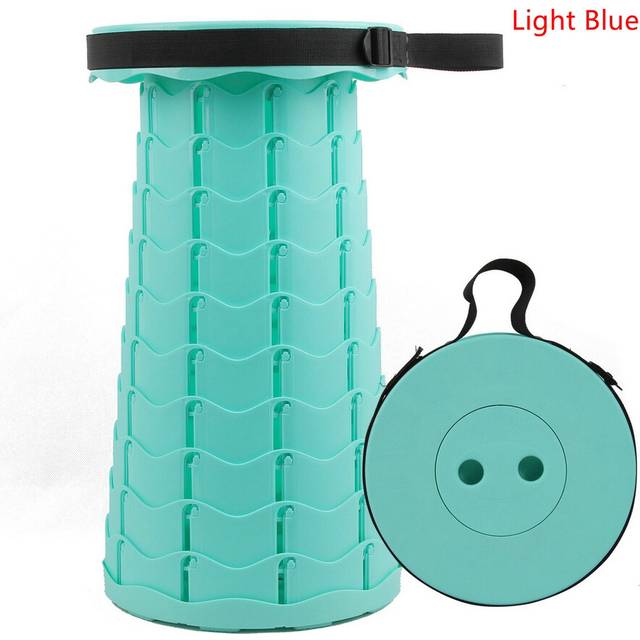 (Light Blue) Retractable Portable Folding Stool Chair Outdoor Camping Fishing Plastic