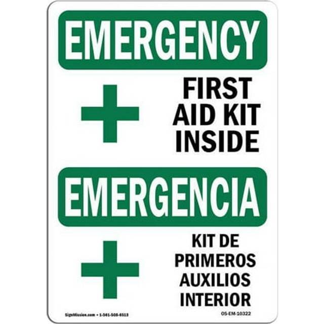 SignMission OS-EM-D-57-L-10322 OSHA Emergency Sign - First Aid Kit Inside Bilingual