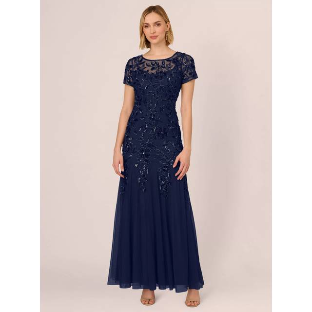 Hand Beaded Short Sleeve Floral Godet Gown In Light Navy - 12