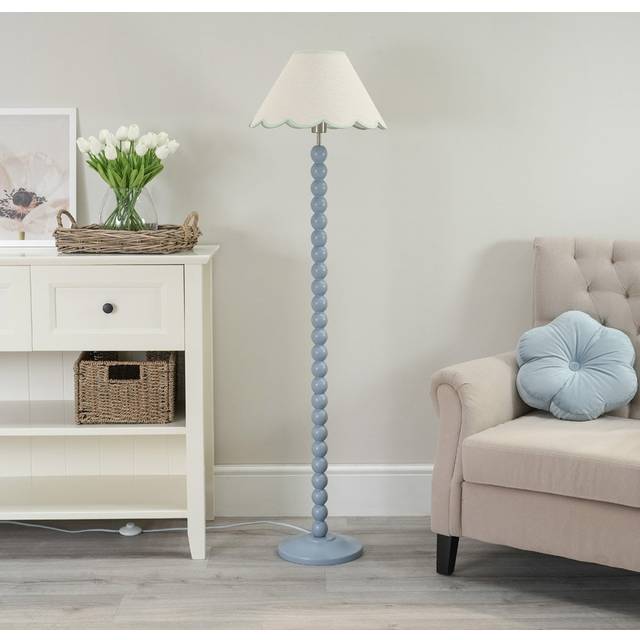 ValueLights Bobbins Powder Blue Floor Lamp Linen Green Scallop Shade