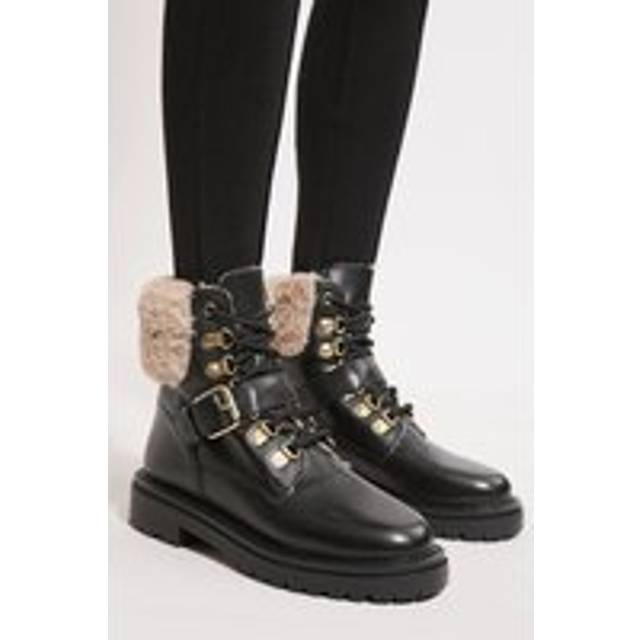 Leather Fur Lined Chunky Lace Up Worker Boot - Black