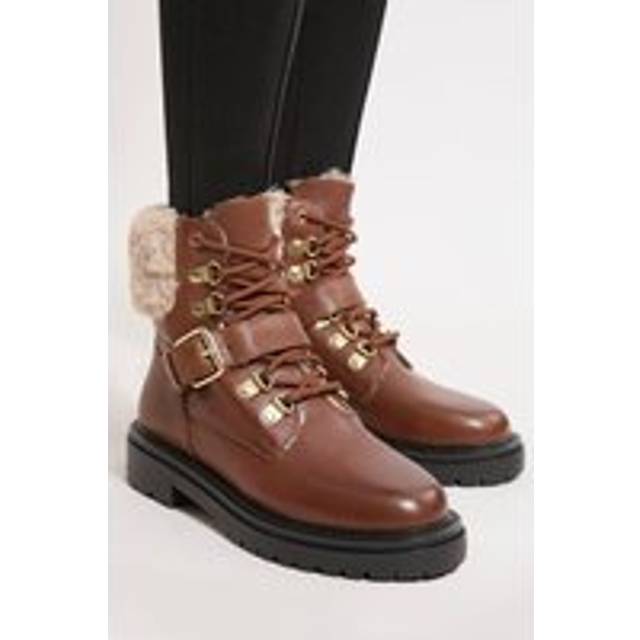 Leather Fur Lined Chunky Lace Up Worker Boot - Tan