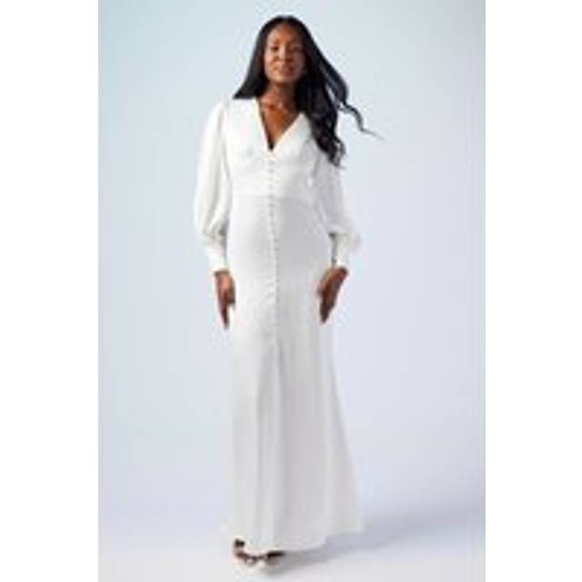 Oasis Womens Premium Button Front Blouson Sleeve Satin Wedding Dress - White - Size 6 UK
