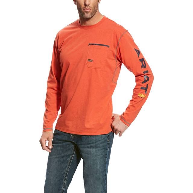 Men's Rebar Workman Logo T-Shirt Long Sleeve in Volcanic Fire Cotton, Size X-Small, by Ariat