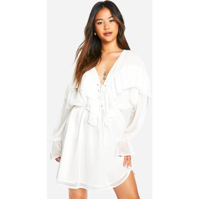 Womens Crinkle Chiffon Ruffle Long Sleeve Mini Dress - Cream - 18