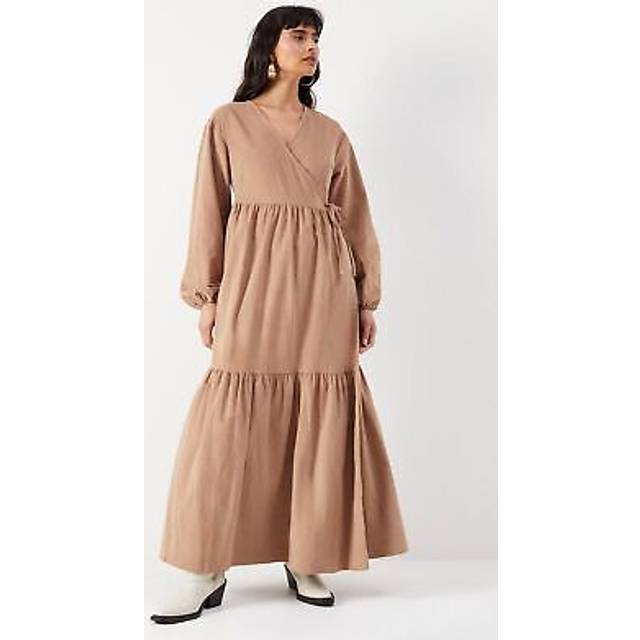 Womens Baby Cord Wrap Midi Smock Dress - Beige - 10