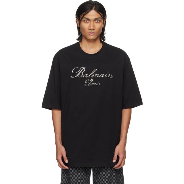 Balmain, Topp, Herr, XL, Bomull, Signatur Broderad T-shirt - black (XL)