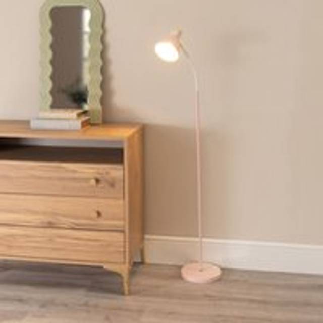 Woody Metal Dome Shade Wooden Base Freestanding Floor Lamp - Pink - One Size
