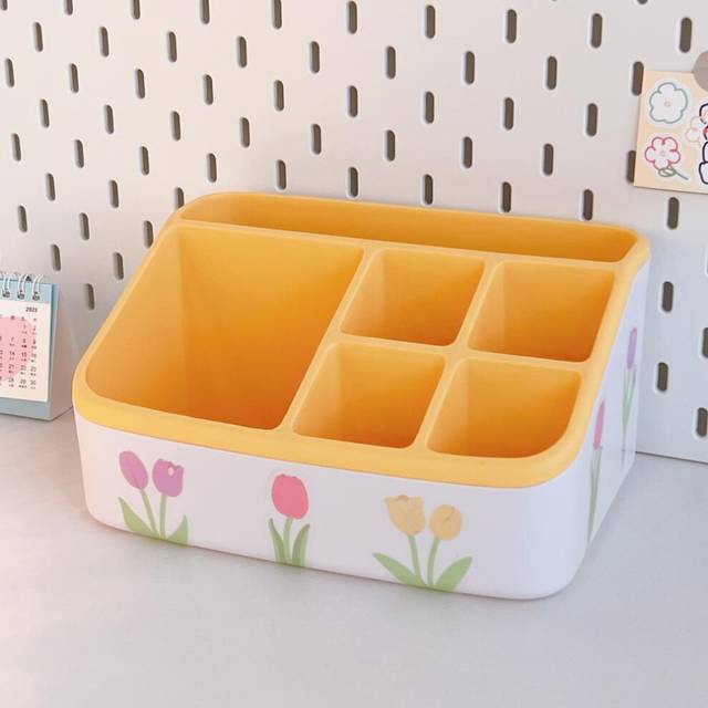 (B-Yellow1) Large Capacity Desktop Organizer Solid Color Pen Holder With 2 Drawer