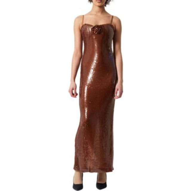 Beatrice Sequin Strappy Corsage Maxi Dress Brown Sequin