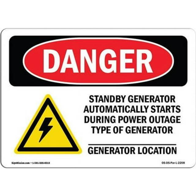 SignMission OS-DS-D-35-L-2208-10PK OSHA Danger Sign - Standby Generator Automatically