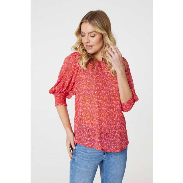 Izabel London Multi Red Printed Three-Quarter Puff Sleeve Blouse - Red Multi