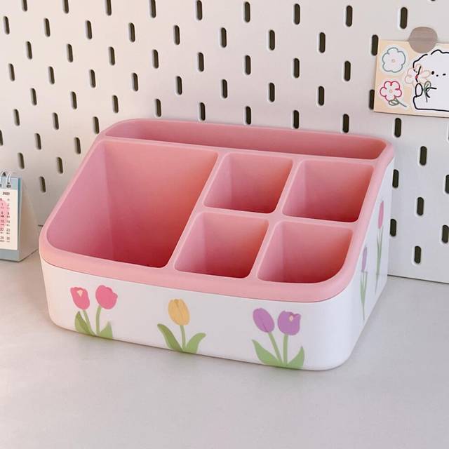 (B-Pink1) Large Capacity Desktop Organizer Solid Color Pen Holder With 2 Drawer