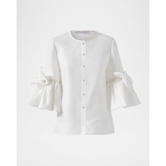 Pearly Button Bow Ruffle-Sleeve Silk Top - IVORY - 10