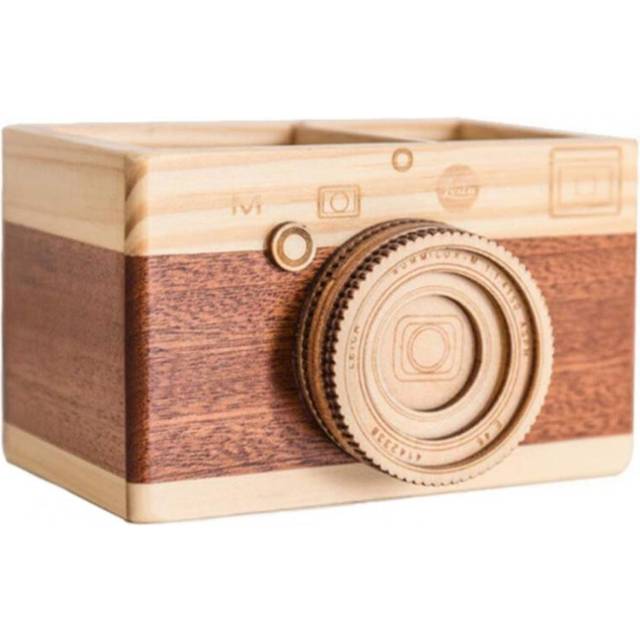 Creative Pencil Organizer Wood Camera-shaped Desk Decor Pencil Holder