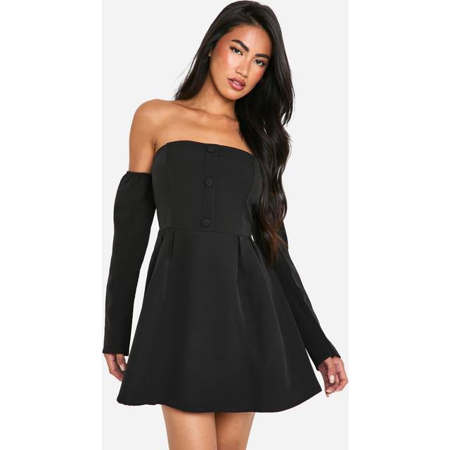 Womens A-Line Bardot Long Sleeve Mini Dress - Black - 8